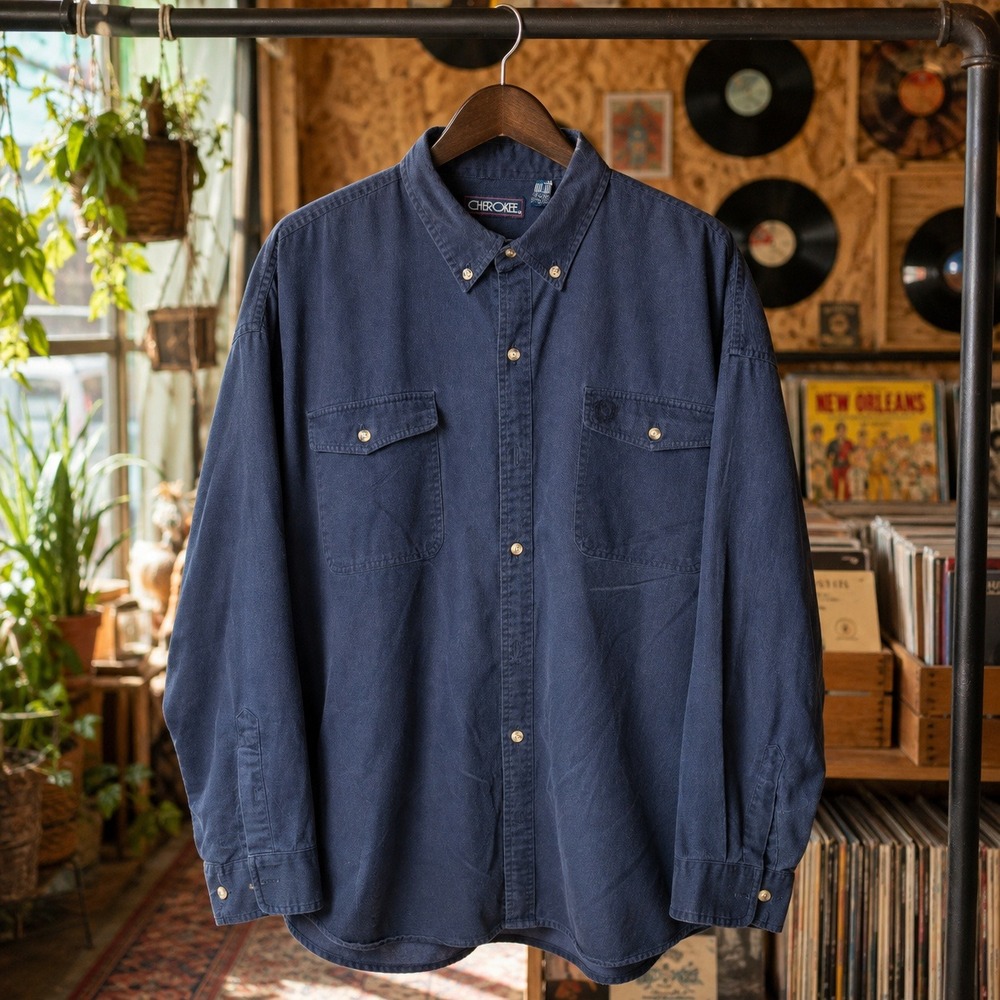 Cherokee Mens Navy Blue Twill Button Down Shirt XL Long Sleeve Workwear Vibe